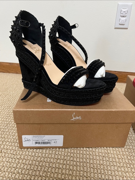 Christian Louboutin Shoes - Christian Louboutin Black Studded Suede Espadrille Wedge Sandals